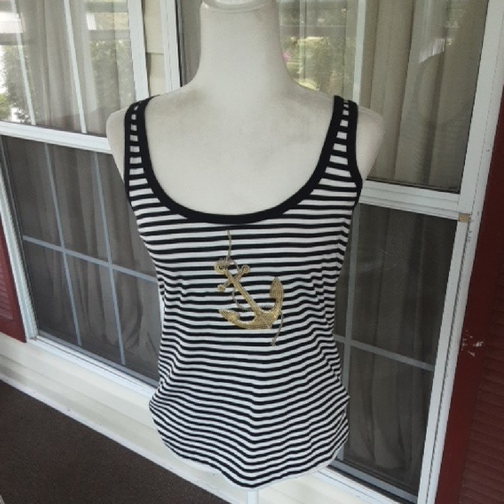 J. CREW Striped Black and White Tank Top with‎ Gold Anchor